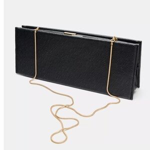 Zara NWT textured black rectangle elongated clutch box bag removable gold chain